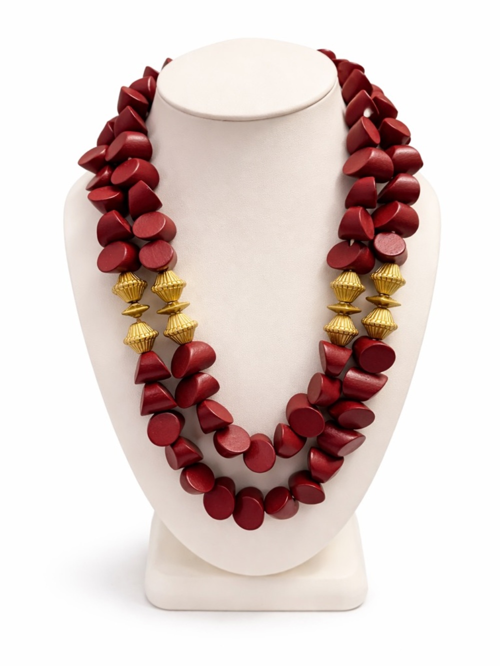 Burgundy Wood Bead Statement Necklace Gold Tone NWOT Plunder